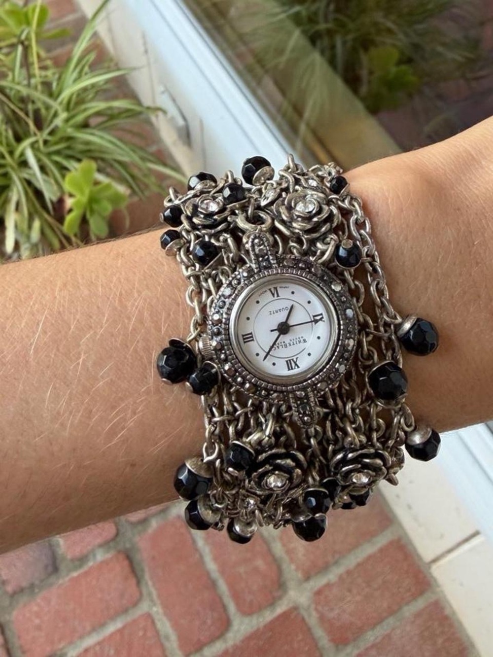 WHBM Y2K silver & black chain beaded watch w/ rose details- One Size fits 7” wri
